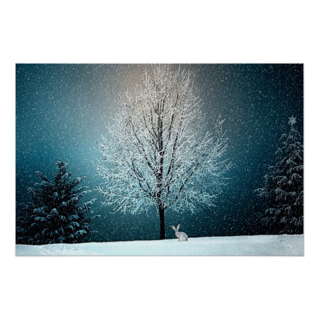 Poster Wonderland d'hiver avec lapin (Devant)