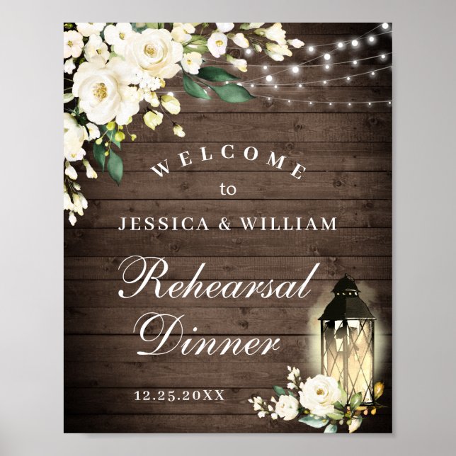 Poster Wood & White Roses  Floral Rehearsal Dinner Sign (Devant)