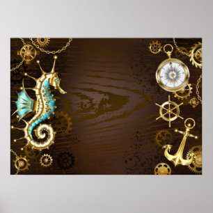Poster Wooden Background with Mechanical Seahorse