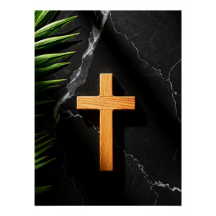 Poster Wooden Cross on Black Marble – Faith and Reflectio