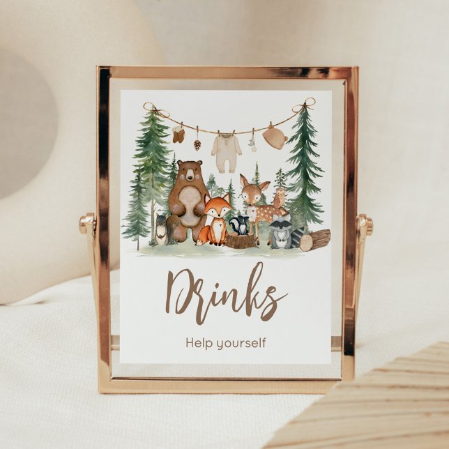 Poster Woodland Animals Baby Shower Drinks Sign (Woodland Animals Adventure Awaits Rustic Baby Shower Sign)
