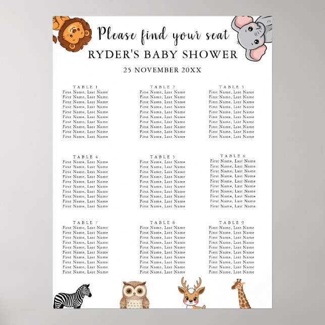 Poster Woodland Forest Animals Baby Shower Seating Charts (Devant)