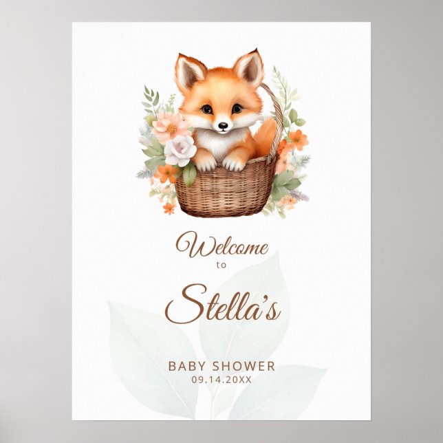 Poster Woodland Fox Florals Baby Shower Welcome Sign (Devant)