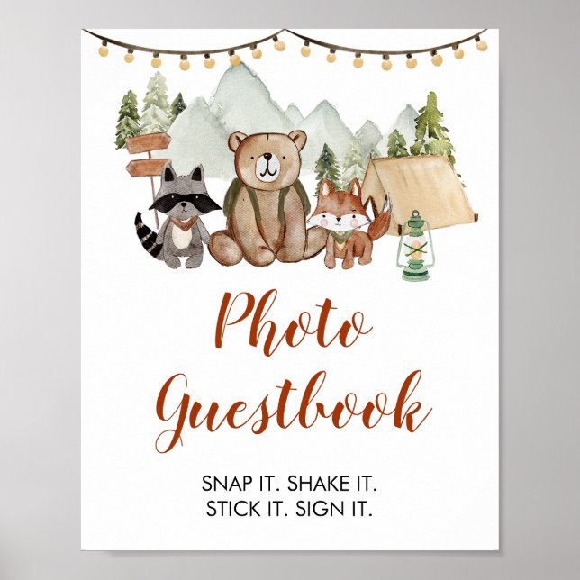 Poster Woodland One Happy Camper Birthday Photo Guestbook (Devant)