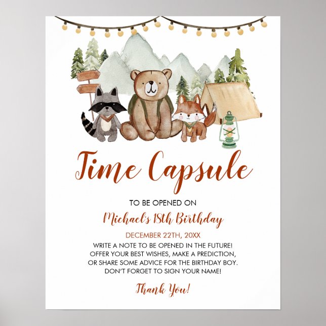 Poster Woodland One Happy Camper Birthday Time Capsule (Devant)