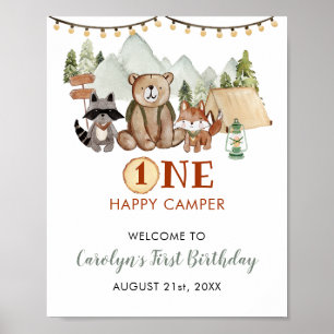 Poster Woodland One Happy Camper First Birthday Welcome
