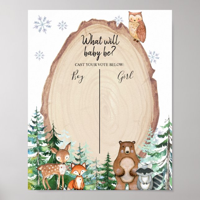 Poster Woodland Winter Animal Voting Board Gender Reveal (Devant)