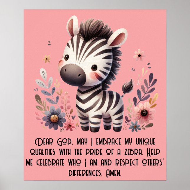 Poster Woodland Zebra Kids Prière chrétienne sur rose | (Devant)