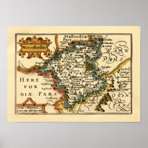 Poster Worcestershire Comté Angleterre Ancien Antiquaire 