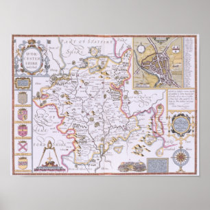 Poster Worchestershire, gravé par Jodocus Hondius