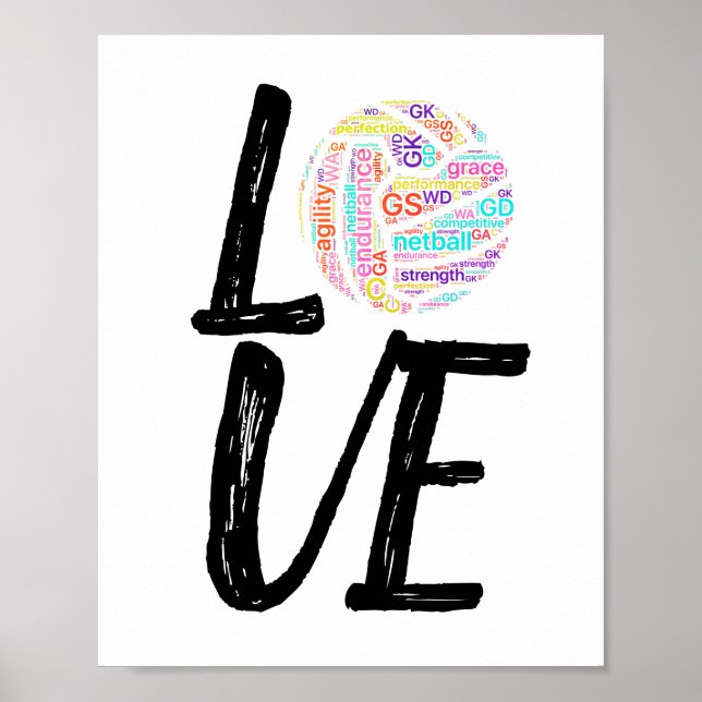 Poster Word Art Ball Design Love Netball (Devant)