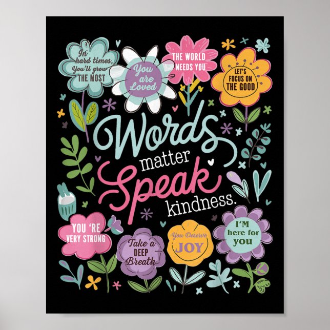 Poster Words Speak Kindness Insrational Floral Sitive  (Devant)