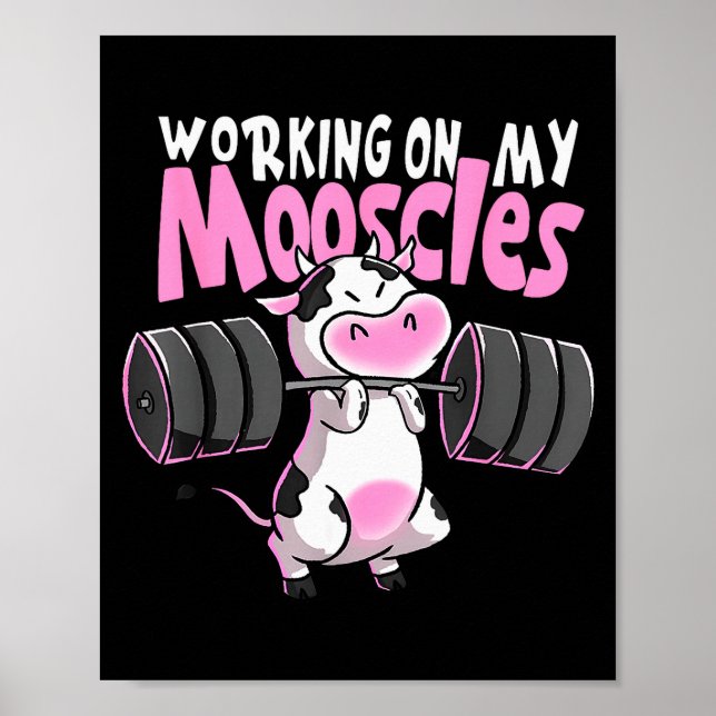 Poster Working On My Mooscles Funny Gym Cow Weightlifting (Devant)