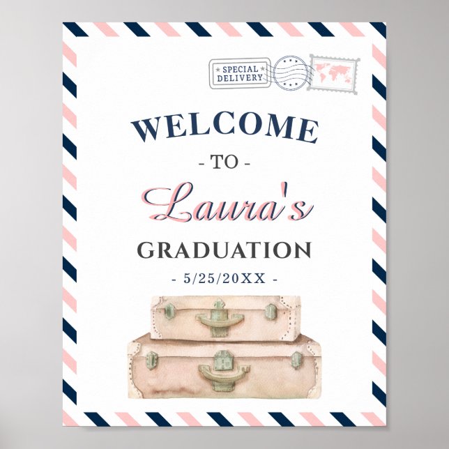Poster World Travel Airline Graduation Party Navy Bienven (Devant)