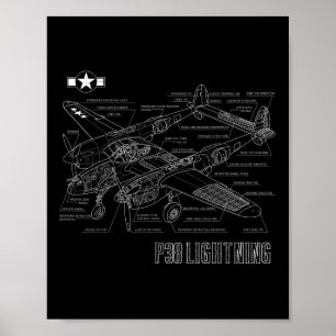 Poster World War 2 P-38 Lightning Fighter Avion Bluepr