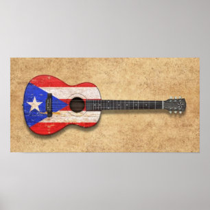 Poster Worn Puerto Rico Flag Acoustic Guitar