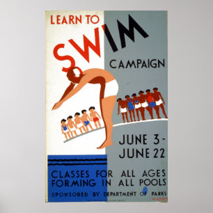 Poster WPA vintage apprennent à nager la campagne