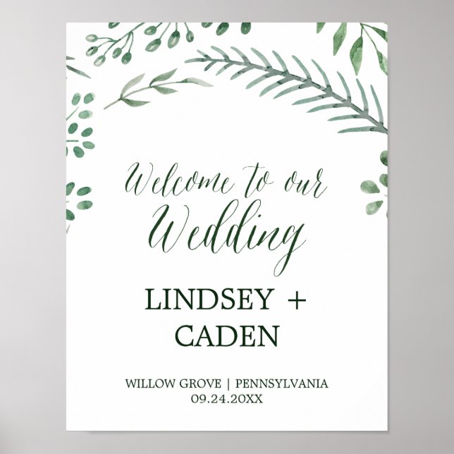 Poster Wreath rustique avec Mariage Feuille vert Bienvenu (Devant)