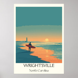 Poster Wrightsville Beach NC Vintage Surfer Beach Sunset