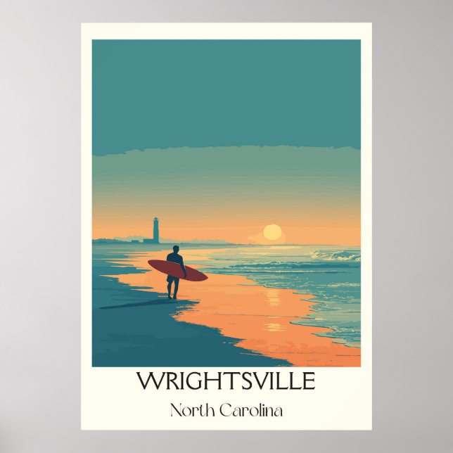 Poster Wrightsville Beach NC Vintage Surfer Beach Sunset (Devant)