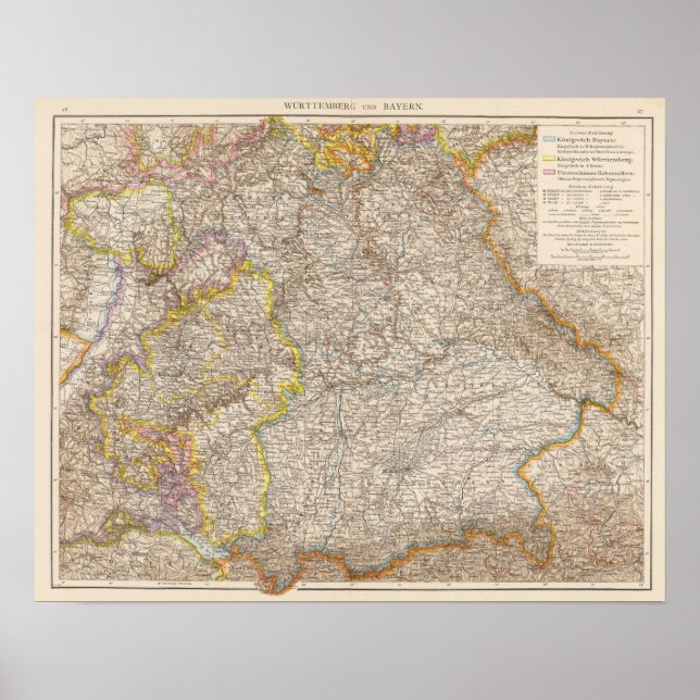 Poster Wurttemberg, Bayern Atlas Carte de l'Allemagne (Devant)