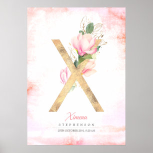 Poster X Letter Monogram Gold Leaves Pink Magnolia Floral