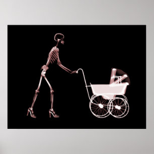 POSTER X RAY SKELETON WOMAN & BABY CARRIAGE - ROUGE