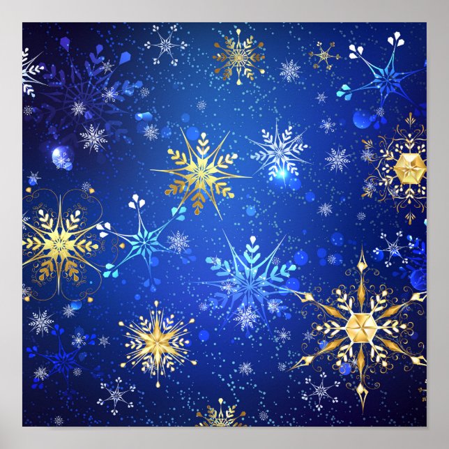 Poster XMAS Blue Background with Golden Snowflakes (Devant)