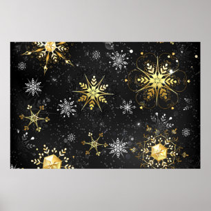 Poster Xmas Golden Snowflakes on Black Background
