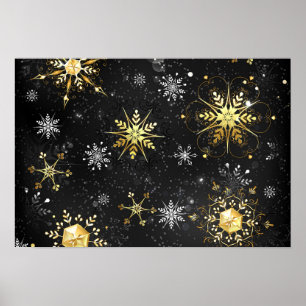 Poster Xmas Golden Snowflakes on Black Background