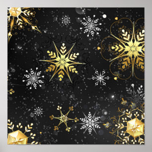 Poster Xmas Golden Snowflakes on Black Background