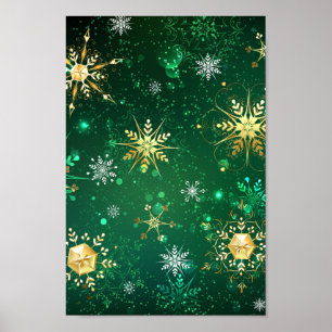 Poster Xmas Golden Snowflakes on Green Background