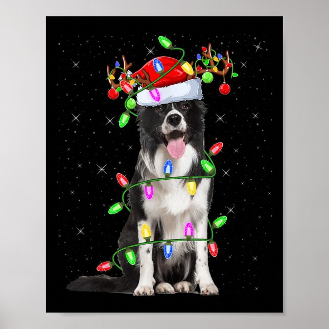 Poster Xmas Holiday Lighting Santa Border Collie Dog Chri (Devant)