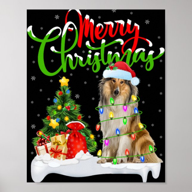 Poster Xmas Tree Lights Santa Hat Rough Collie Dog Christ (Devant)