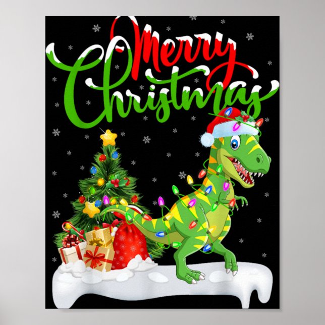 Poster Xmas Tree Lights Santa Hat T Rex Dinosaur Christma (Devant)