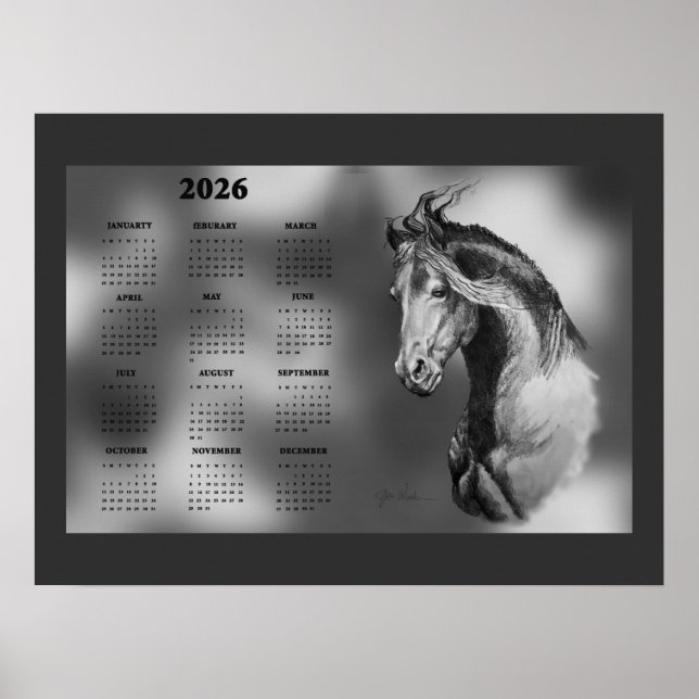Poster Yearly Calendar Beautiful Stallion Horse (Devant)
