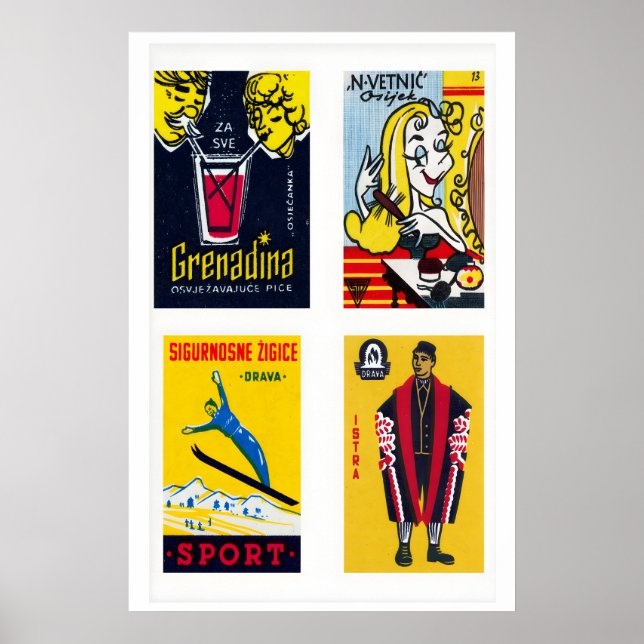 Poster Yellow Croatian Matchbox Labels Grid Print (Devant)