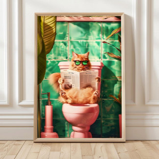 Poster Yellow Funny Orange Cat Toilet Print, Trendy Bathr