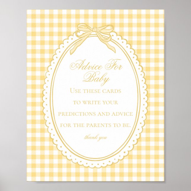 Poster Yellow Gingham Coquette Bow Advice for Baby Shower (Devant)
