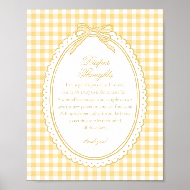 Poster Yellow Gingham Coquette Bow Diaper Thoughts Baby (Devant)