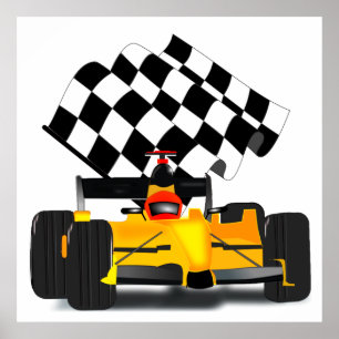Poster Yellow  Race Car with Checkered Flag