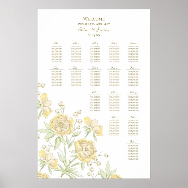 Poster Yellow Rose Wedding Seating Chart (Devant)