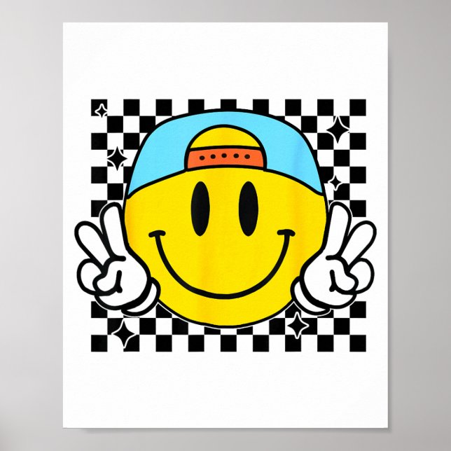 Poster Yellow Smile Face Cute Checkered Peace Smiling Hap (Devant)
