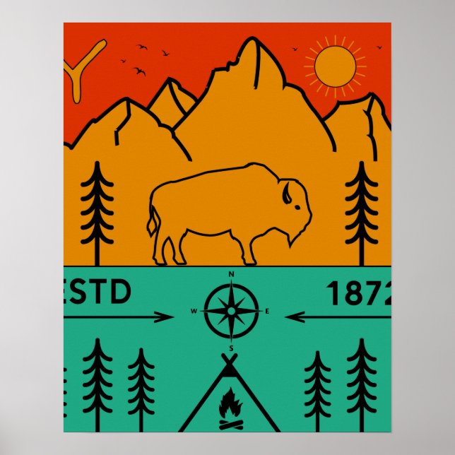 Poster Yellowstone National Park Retro Wyoming USA Bison (Devant)