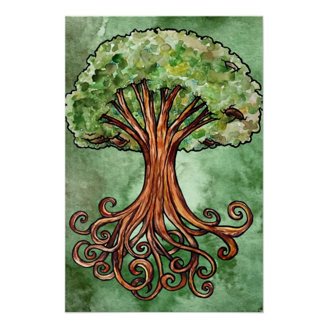 Poster Yggdrasil Arbre Norse Mythologie Aquarelle (Devant)