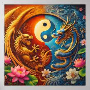 Poster Yin Yang avec dragon et phénix parmi une flore lux