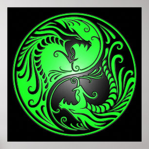 Poster Yin Yang Dragons, green and black