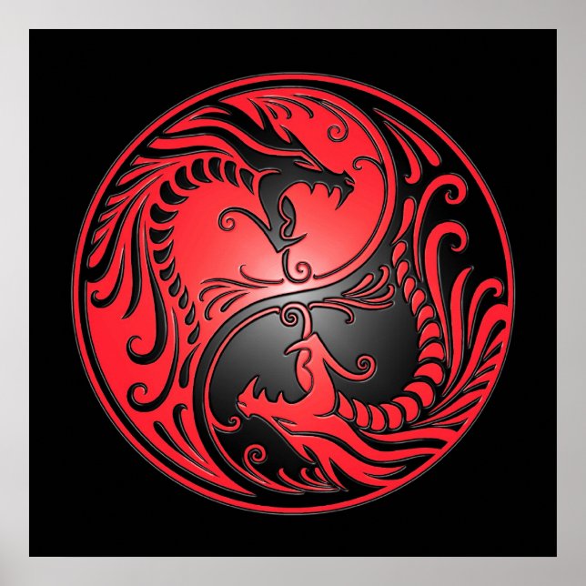 Poster Yin Yang Dragons, red and black (Devant)