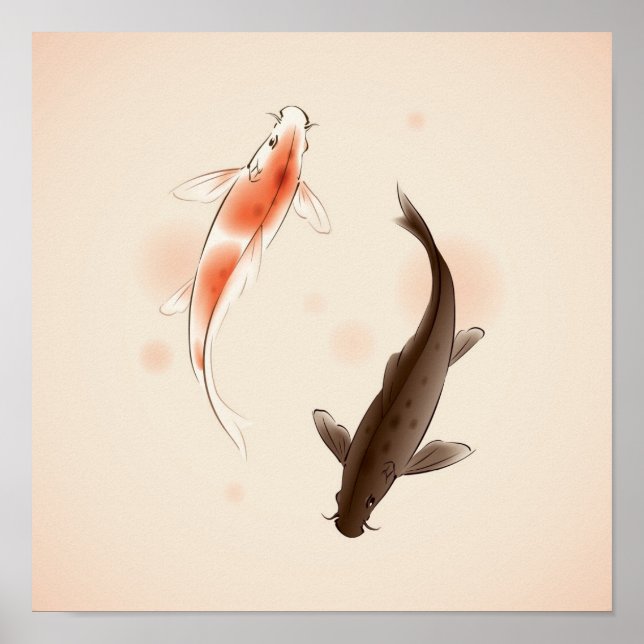 Poster Yin Yang Koi fishes in oriental painting (Devant)