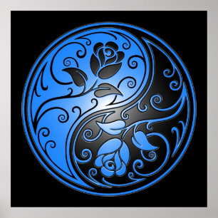Poster Yin Yang Roses, bleu et noir